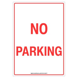 No Parking Sign – Red Text on White Background